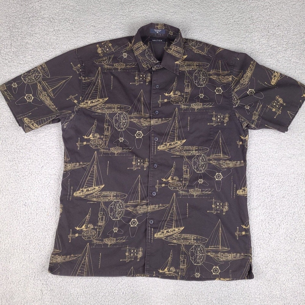 Vintage Nautica Shirt Mens XL Black‎ Blueprint Boat Ship Compass Nautical Print